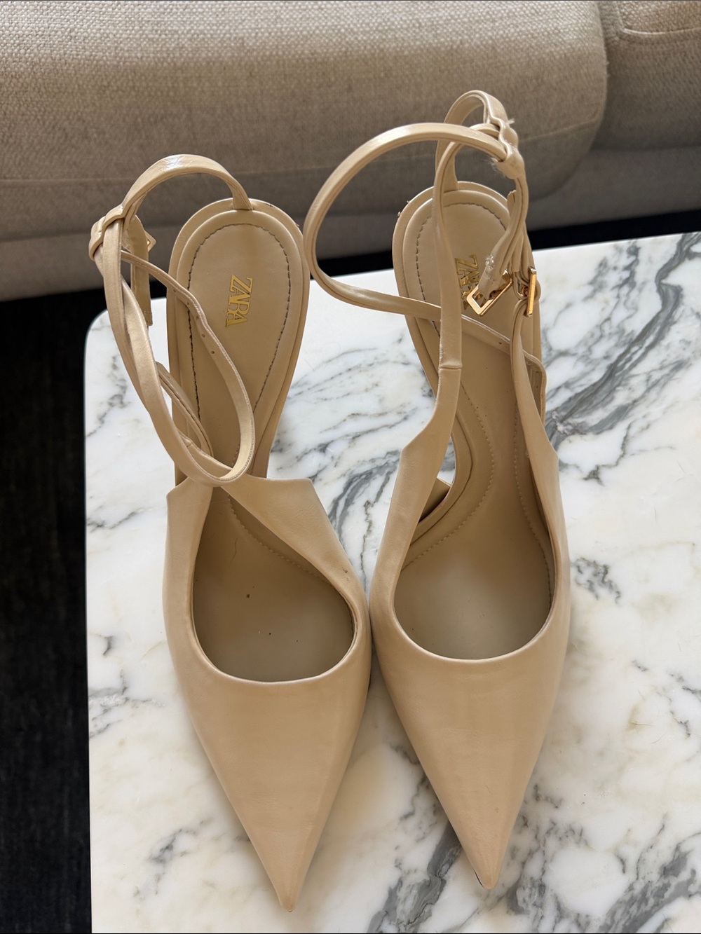 ZARA Nude Pointed-Toe Slingback Heels with Gold Buckle